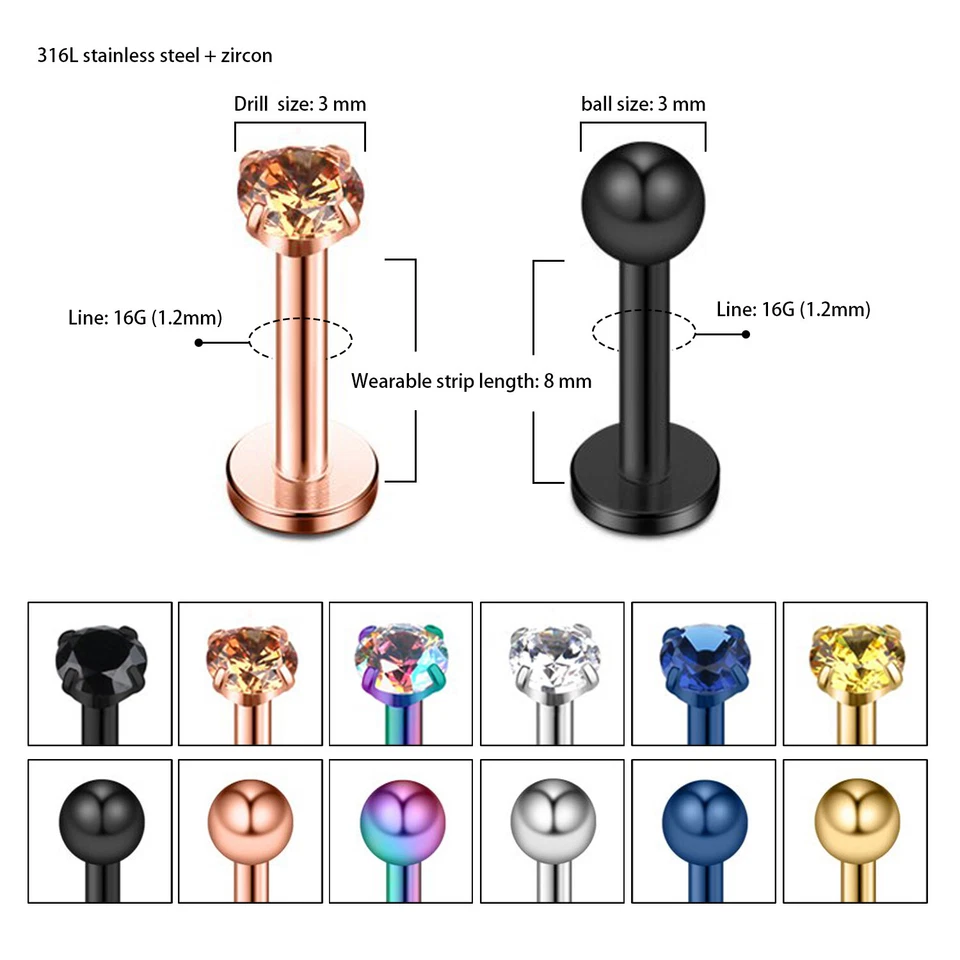 Piercing Labret Monroe Helix Tragus anillo labial circonita cúbica acero inoxidable 12 piezas 16 G Foto 3 de 4