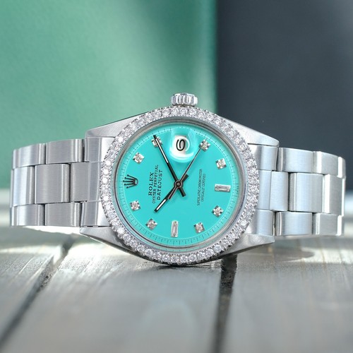 ROLEX MENS DATEJUST GOLD STEEL WATCH AQUA DIAL DIAMOND BEZEL 36MM 1601 1.80CTW - Picture 2 of 22
