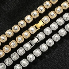 Men's 10mm 1 Row CZ Stone Cluster Bling Gold Plated Tennis Chain ANTI TARNISH