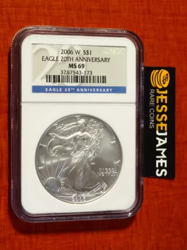 2006 W BURNISHED SILVER EAGLE NGC MS69 FROM 20TH ANNIVERSARY SET BLUE LABEL