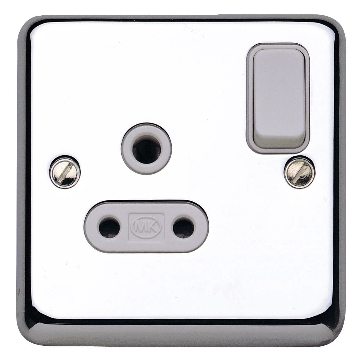 MK Chroma Plus K2881 PCR 5A 1 Gang Double Pole Round Pin Plug Socket In Chrome