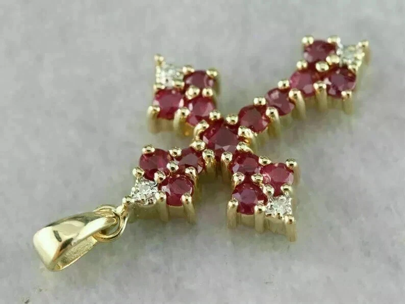 2Ct Round Lab Created Red Ruby Cross Pendant 14k Yellow Gold Plated Free Chain - Image 2 of 4