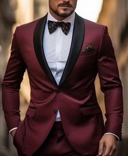Men's Burgundy Shawl Lapel Blazer Groom Tuxedos Party Prom 2 Piece Wedding Suit