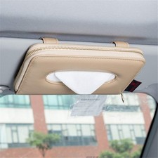 Car Tissue Holder for Sun Visor and Backseat, PU Leather Zipper Case Beige