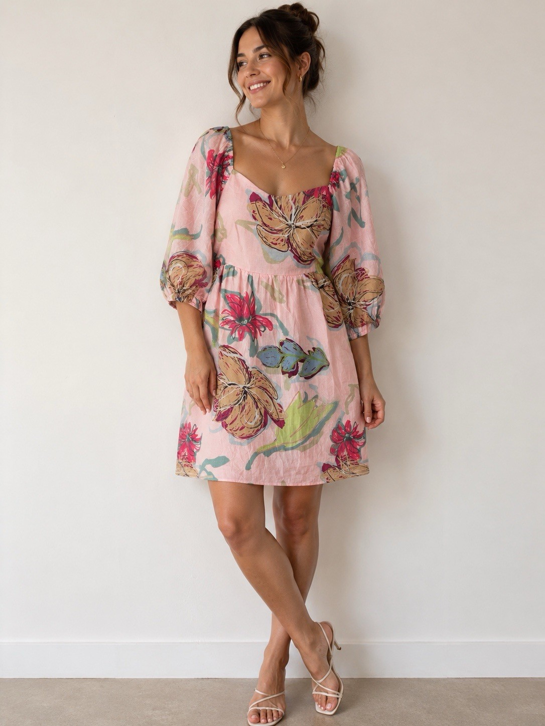 Davi & Dani Women's Pink Floral Print Puff Sleeve Mini Dress Size L