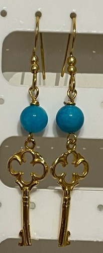 Gold Plated Key Earrings with Added Beads and Gold Plated Ear Hooks - Picture 9 of 19