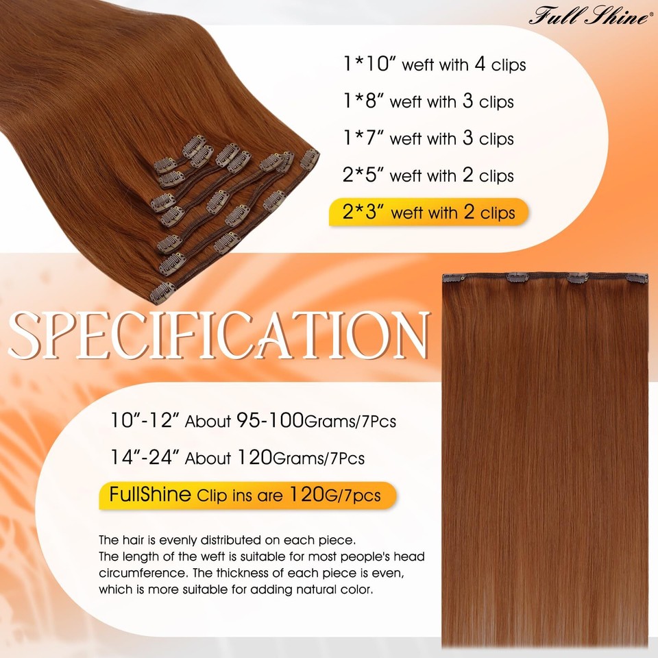 Full Shine Clip in Hair Extensions Real Human Hair Auburn Red Hair