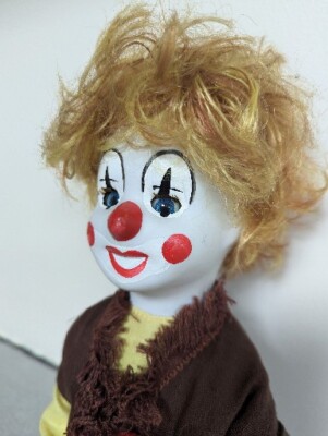 Vintage Bisque Cloth Clown Porcelain Doll Music Box 18