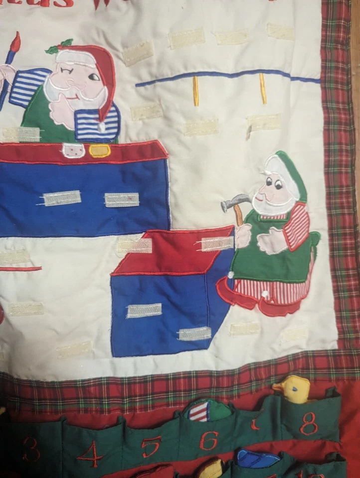 Vintage Christmas Advent Calendar 24 Fabric Pockets 8 Toys Santa's Workshop - Image 4 of 4