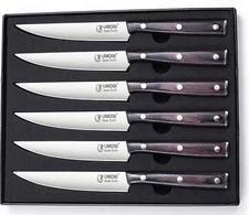 High-End Steak Knives Set of 6, Gift Box - Black Natural Wooden Handle, German S