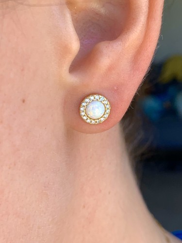 18K Gelbgold über 925 Sterling Silber Runde Halo Opal Ohrstecker Geschenk - Bild 4 von 12