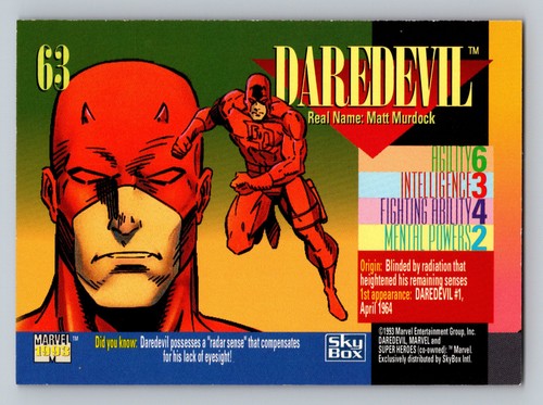 Skybox 1993 Marvel Universe #63 Daredevil Card MCU SuperHeroes Avengers - Picture 2 of 2