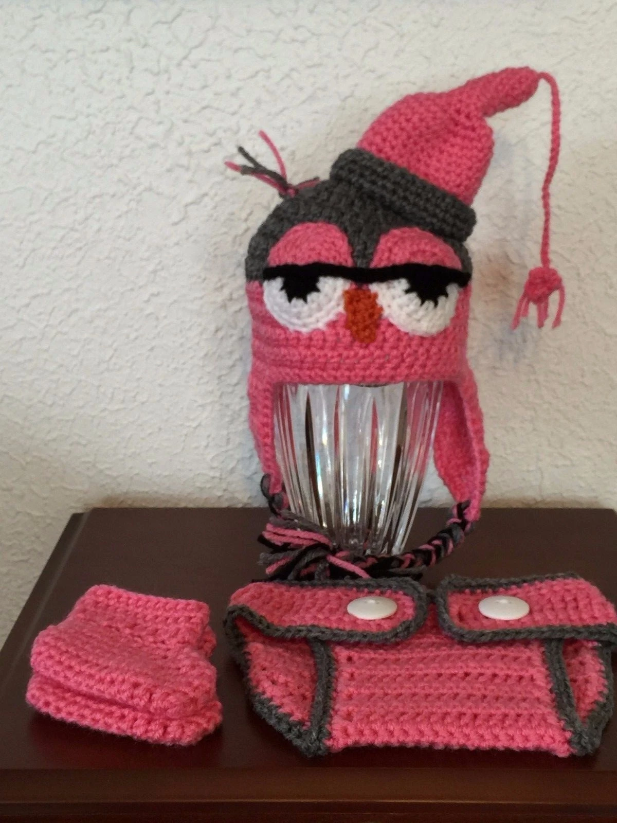 CROCHETED INFANT OWL DIAPER SET/PHOTO PROP 0-6 MONTHS ACRYLIC RED HEART YARN