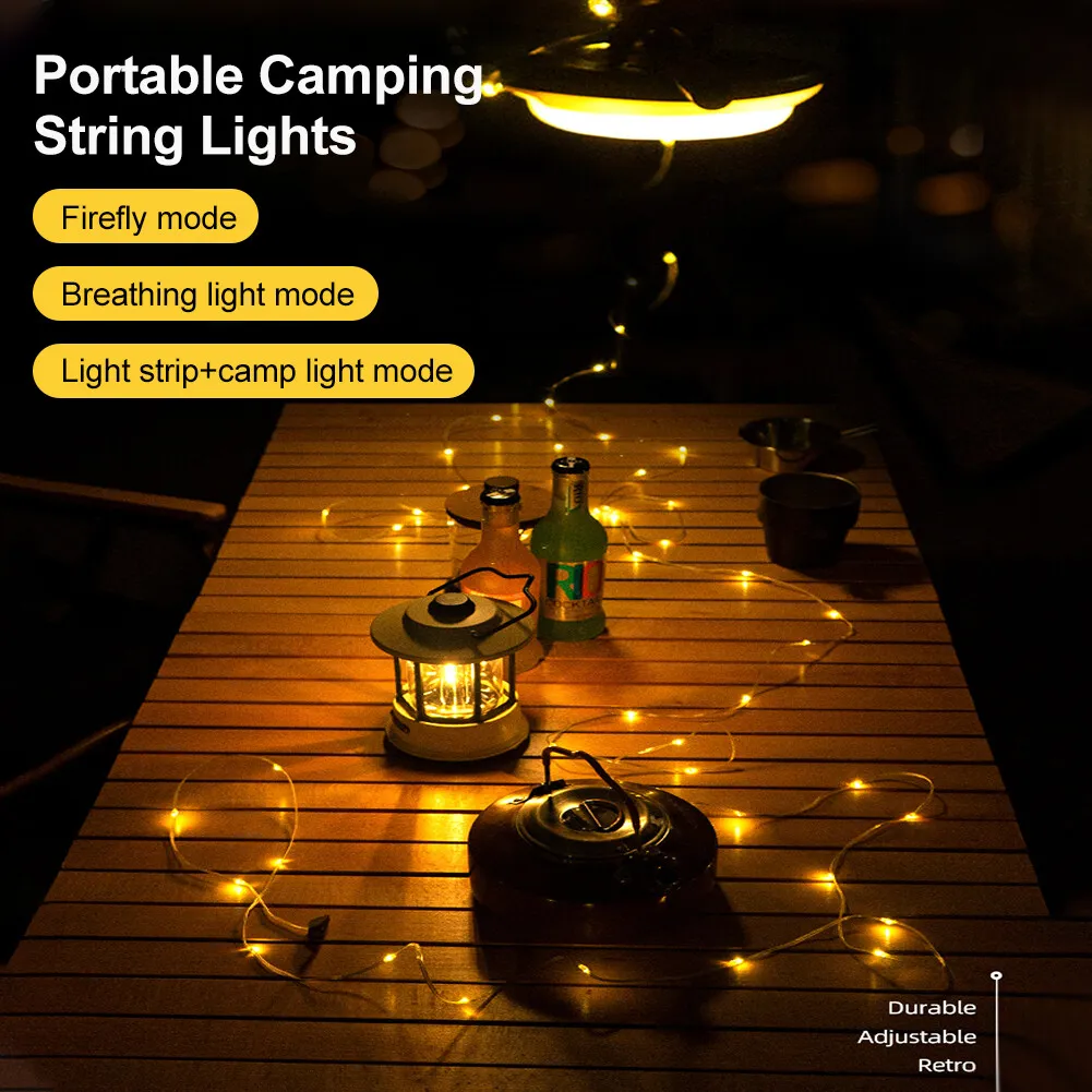 Portable Camping String Lights Retractable USB Rechargeable Lamps  Waterproof