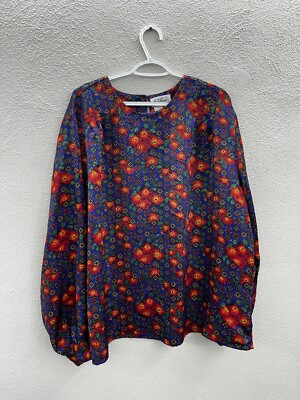 Womens Notations Blouse Plus Size 24W Floral Blue Long Sleeve Satin Vintage