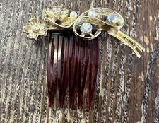 Vintage Gold Plated Faux Pearl  Clear AB Crystal Floral Plastic Hair Comb Clip