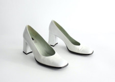 Vintage Charles Jourdan Bis White Chunky Block Heel Pumps Shoes High Heels 1990s
