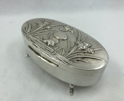 Antique Chinese Export Silver Oval Box with Crane & Japanese Iris