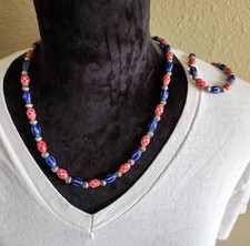 Glass Reddish Pink Blue Beads Necklace Bracelet Set