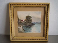 Ancient Watercolor Drawing Signed? Landscape Countryside Lake Framed Vintage