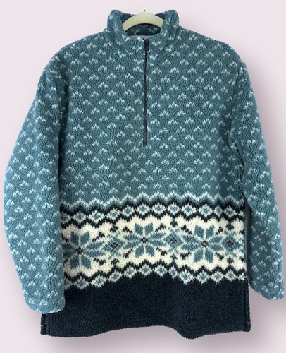 Vintage Lavon Fleece Pullover 1/4 Reißverschluss Schneeflockendruck Made in USA Größe L/XL blaugrün - Bild 2 von 13