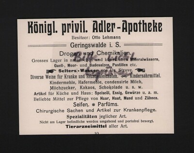 GERINGSWALDE, Werbung 1905, Otto Lehmann Königl. privil. Adler-Apotheke