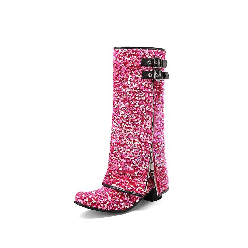 Mid Calf Boots Point Toe Sequin Casual Womens Side Zip Buckle - Main Image