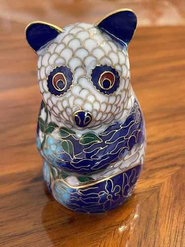 Vintage Cloisonné chinesischer Pandabär Figur blau und gold, 3 cm groß