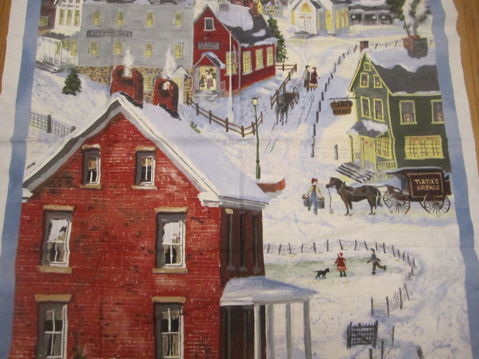 Vintage Fabric panel Winter Town Scene Blue border Snow 42 x 23 - Image 3 of 4