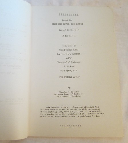 Restricted 1944 WAR DEPARTMENT Manual -- STEEL PILE DRIVER Tests -- Fort Belvoir - Picture 3 of 12