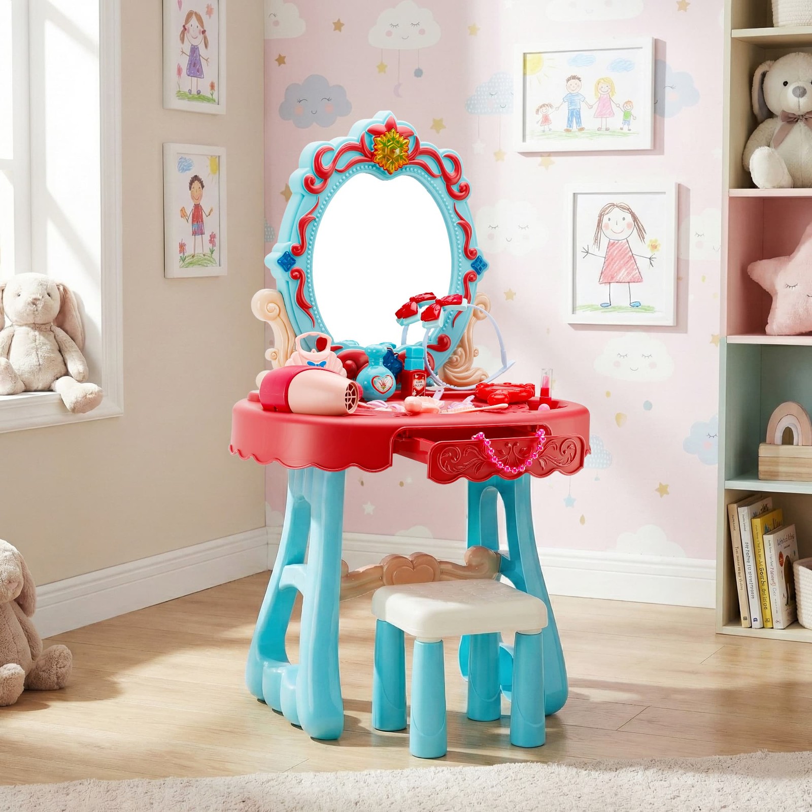Toddler Makeup Table w/ Mirror and Chair Kids Vanity Set with Blowdryer for 3+