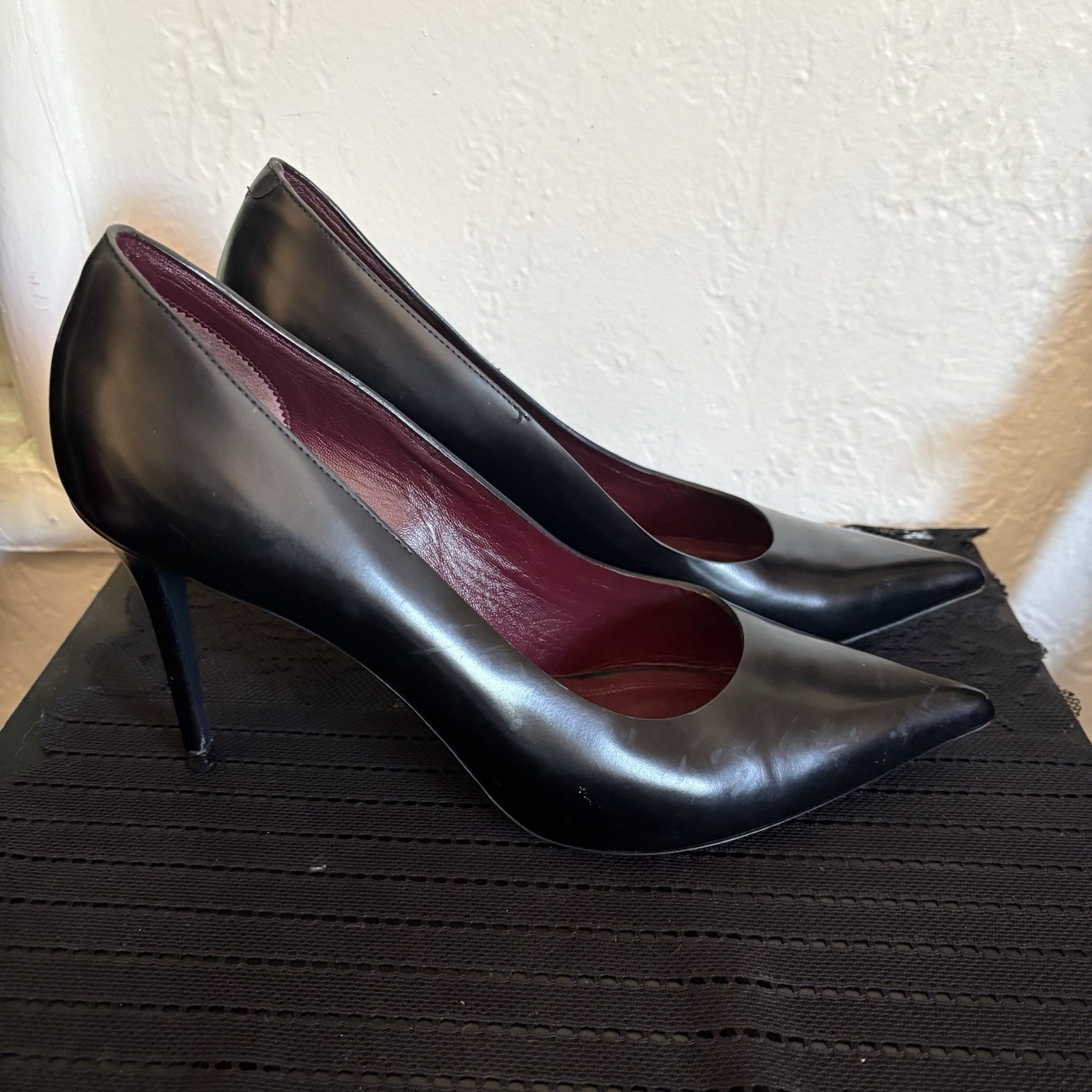 Celine Leather Stiletto Pumps Slip On Black Pointed Toe Women's EU 40