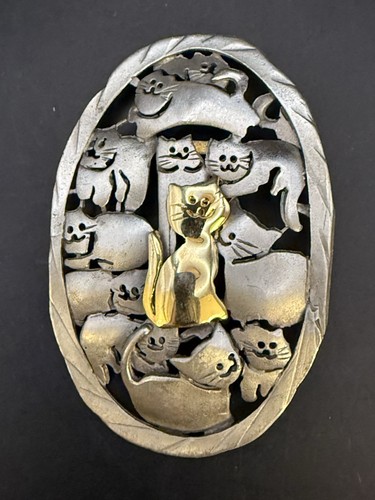 Vintage UltraCraft Pewter & Brass Cat Brooch Pin Large 3” Signed - Picture 2 of 5