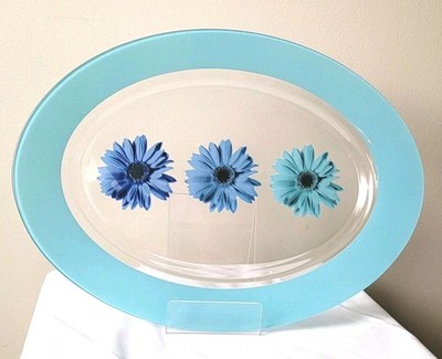 Arc France Glass Platter ~Blue Daisy Pattern ~10''L x 14''L ~Rare Find!