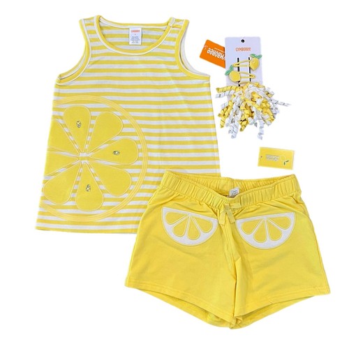 NWT Gymboree Yellow & White Stripes W/Embroidered Lemon Top, Short & Clips - 3T