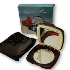 Vintage Lighted Mirror 3.5” Lucite Powder Mirror Compact Brown Zebra Design