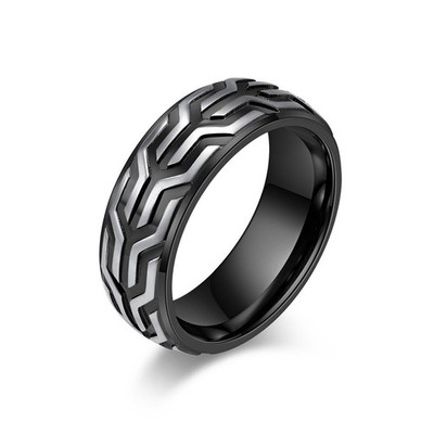 Raised Car Tire Tread Pattern Ring Stainless Steel Men's Fashion Cool Ring 8MM