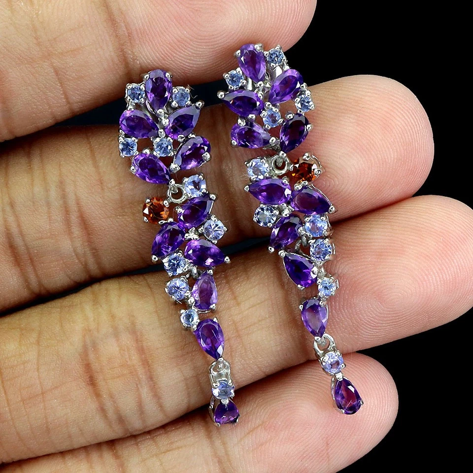 Pendientes de plata de ley 925 pera amatista zafiro tanzanita piedras preciosas joyería Foto 2 de 4