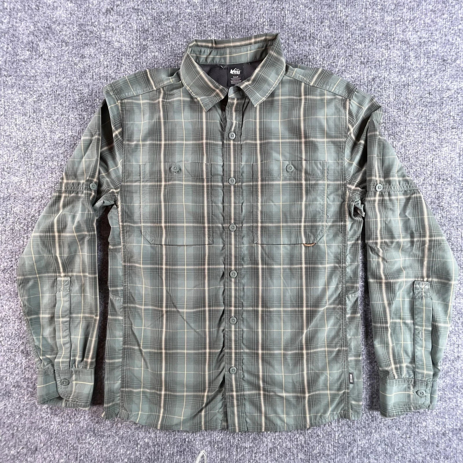 REI Co-op Shirt Mens Small Green Plaid Long Sleeve Button Front Hiking Nylon