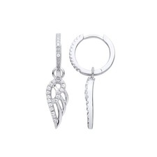925 Sterling Silver Jewelco London CZ Angel Wings Huggie Hoop Drop Earrings