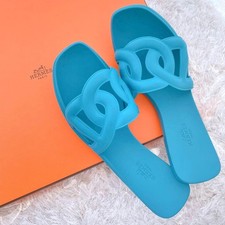 HERMES Flat Sandals Shoes Chaine d'Ancre EU 37 US 7 Rubber Blue Auth from JAPAN