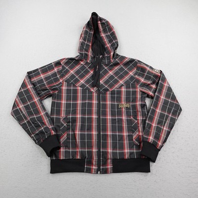 Billabong Jacket Mens Medium Black Red Plaid Mesh Lined Windbreaker Coat Zip Up