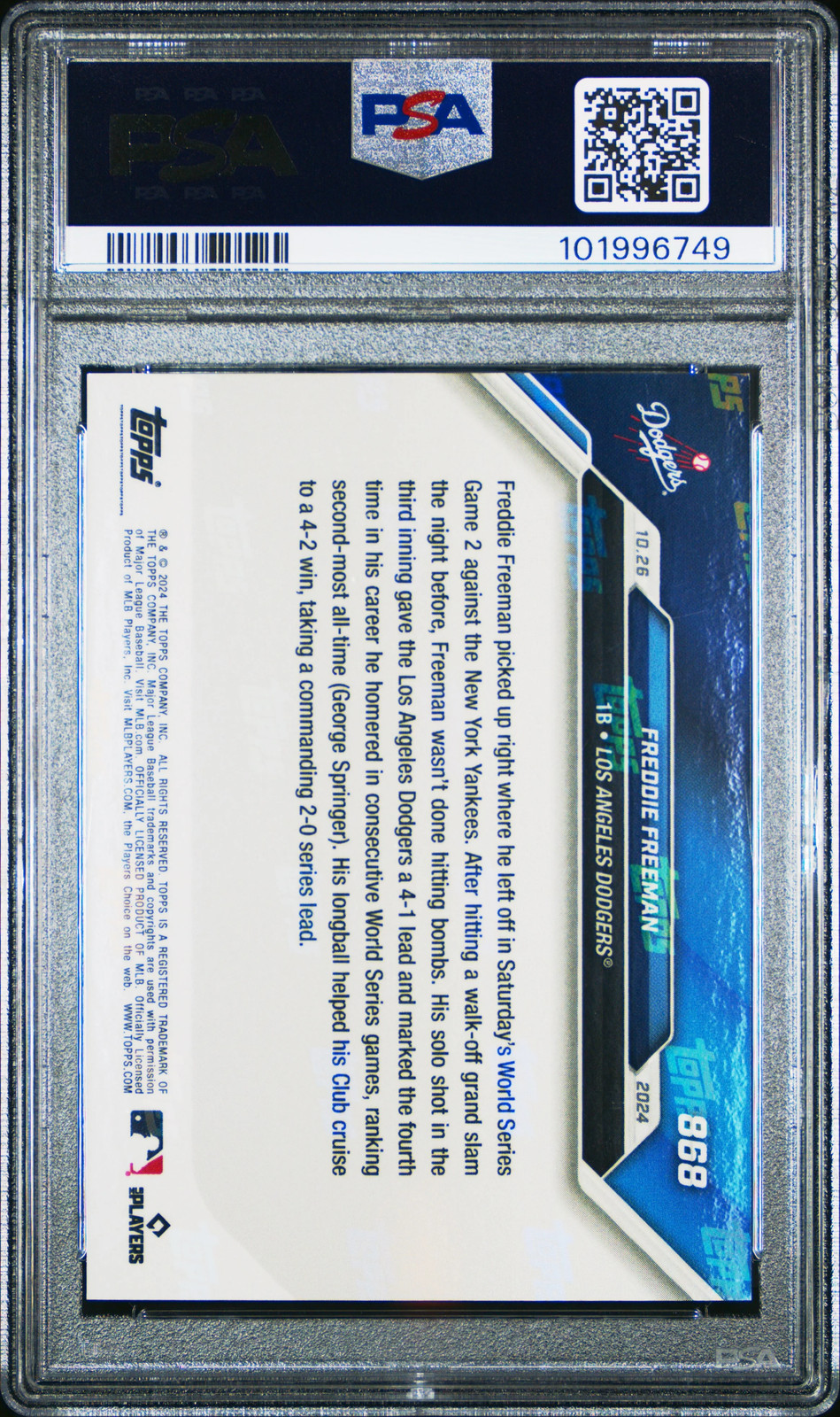 2024 TOPPS NOW FREDDIE FREEMAN 868 PURPLE PSA GEM MT 10 /25 view 2