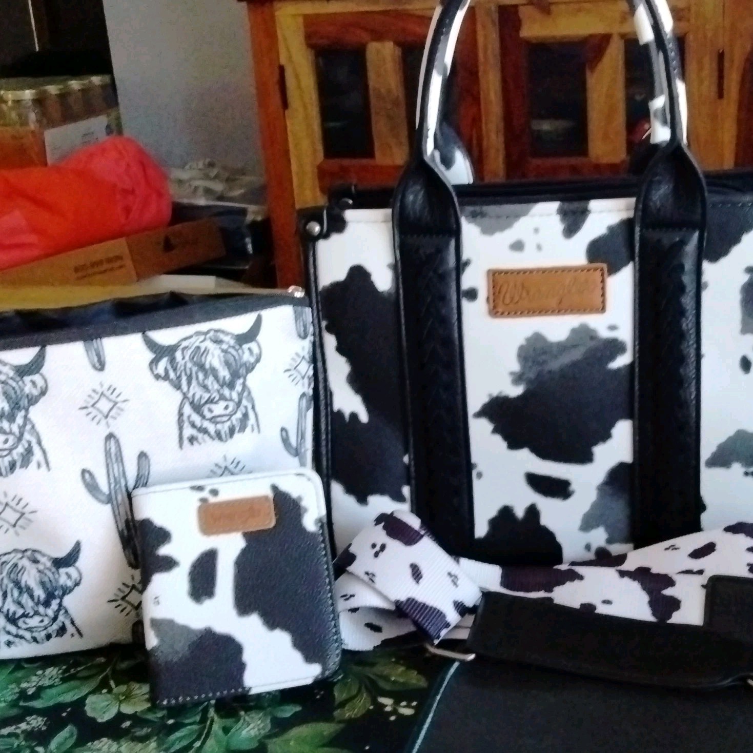 Wrangler Cow Print Western Satchel Top Handle Zip Strap Bag Charm Inner Pockets.