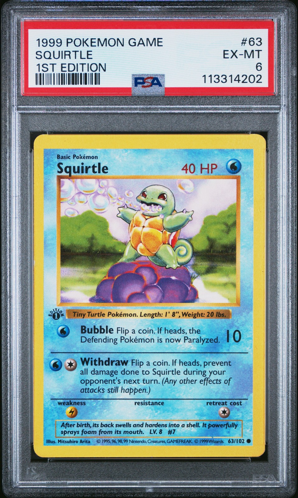 1999 POKEMON BASE SET 1ST EDITION #63 SQUIRTLE PSA 6