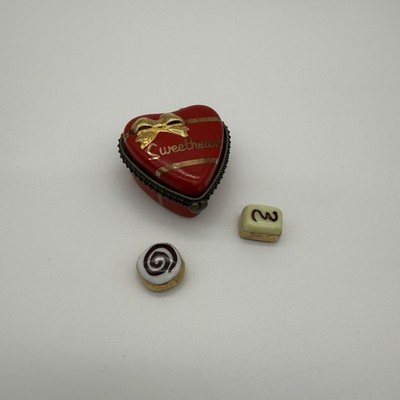 Vintage Heart Shaped Trinket Box & Mini Chocolate Trinkets Porcelain Hinged