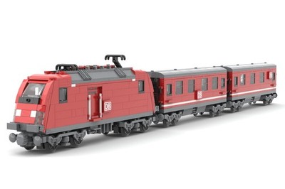Rote Lokomotive '' Deutsche Bahn AG '' mit Speise und Personenwagen Klemmbausteine
