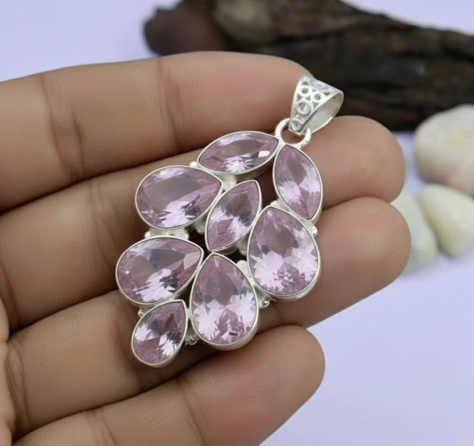 Colgante Kuncita Rosa Plata de Ley 925 Multi Piedra Lágrima Boho Joyería Foto 3 de 4