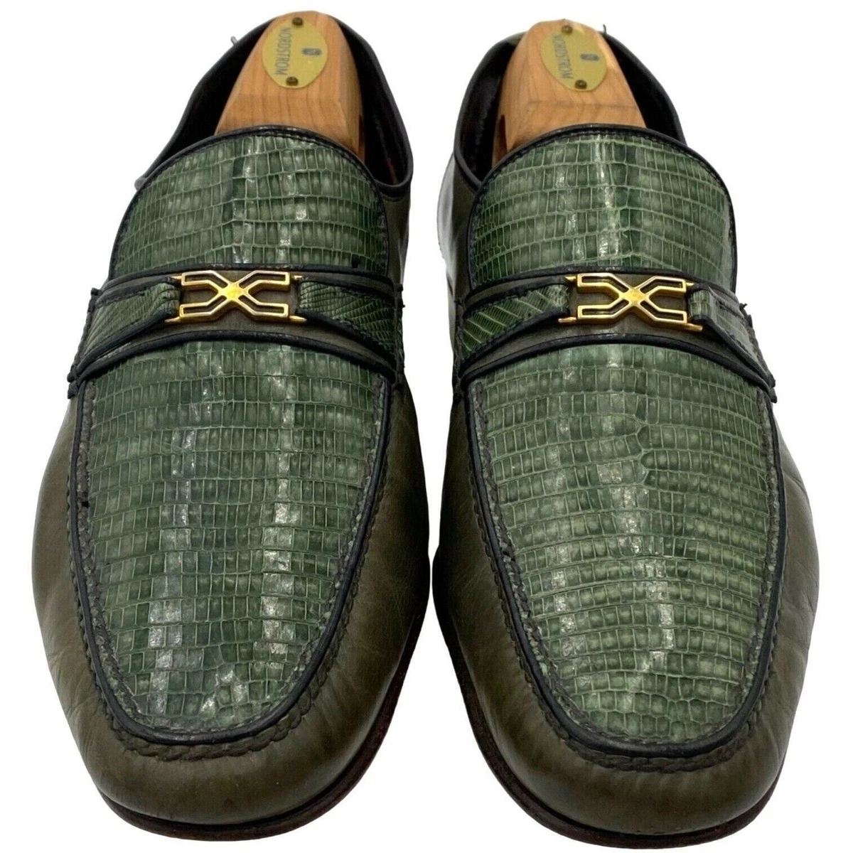 Vintage Rare Bruno Magli Italy mens 8 green exotic lizard dress loafers shoes 41