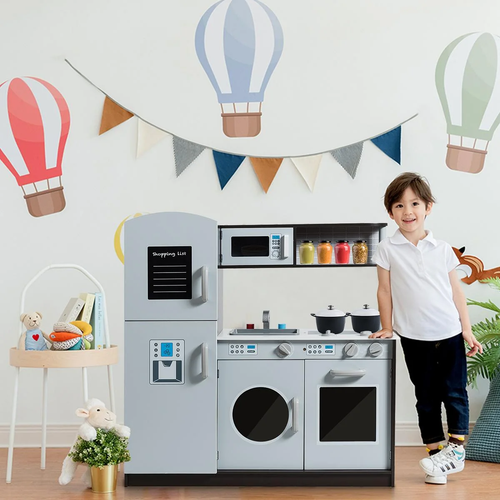 Kids Kitchen Playset, Wooden Kitchen Pretend Cooking Toy W/ Simulated Sound, Sin - Picture 3 of 12